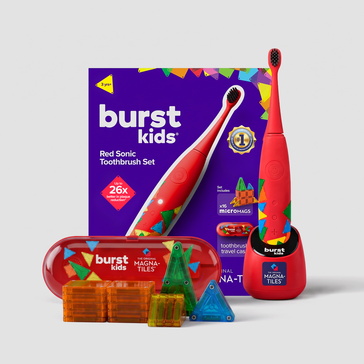 MAGNA-TILES x Burst Kids Sonic Toothbrush Set, Red