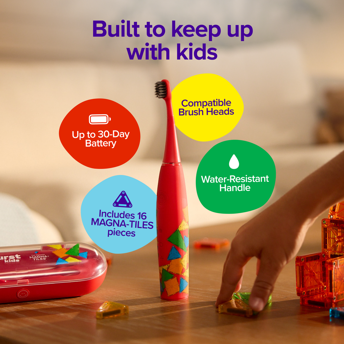MAGNA-TILES x Burst Kids Sonic Toothbrush Set, Red