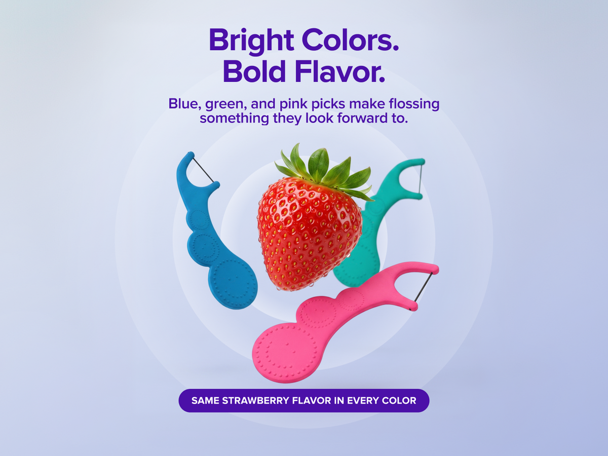 Three silicone flossing picks in blue, green, and pink are arranged around a strawberry on a pale lavender background with promotional text about bright colors and bold flavor.