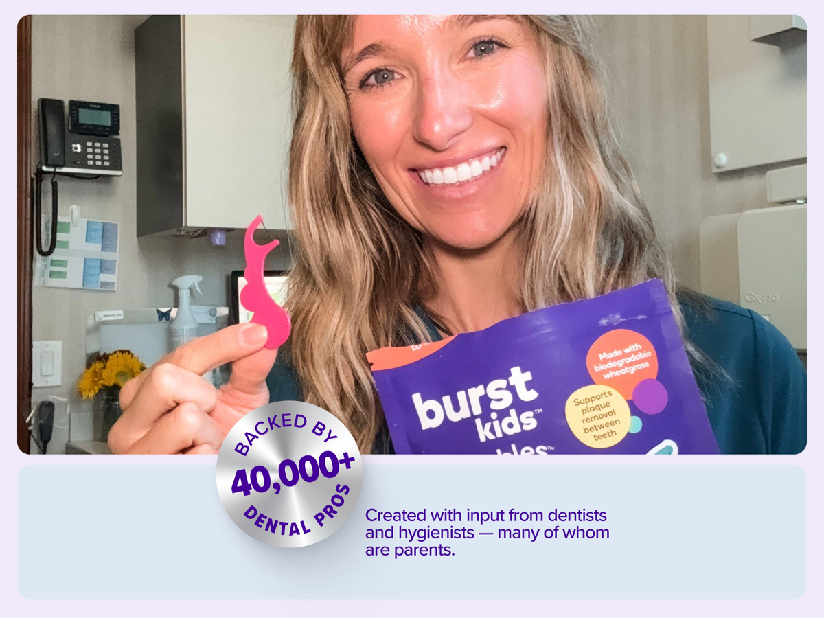 A smiling woman in a dental office holds a pink tooth-shaped item and a purple bag labeled 'burst kids dental' with a badge reading 'Backed by 40,000+ dental pros.'.
